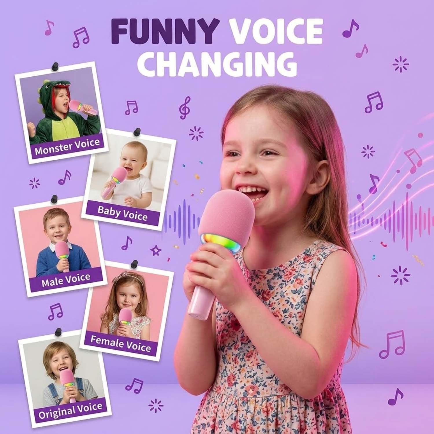 Ein lächelndes Mädchen singt in ein rosa Mikrofon. Im Hintergrund zeigen vier Fotos verschiedene Stimmmodi.