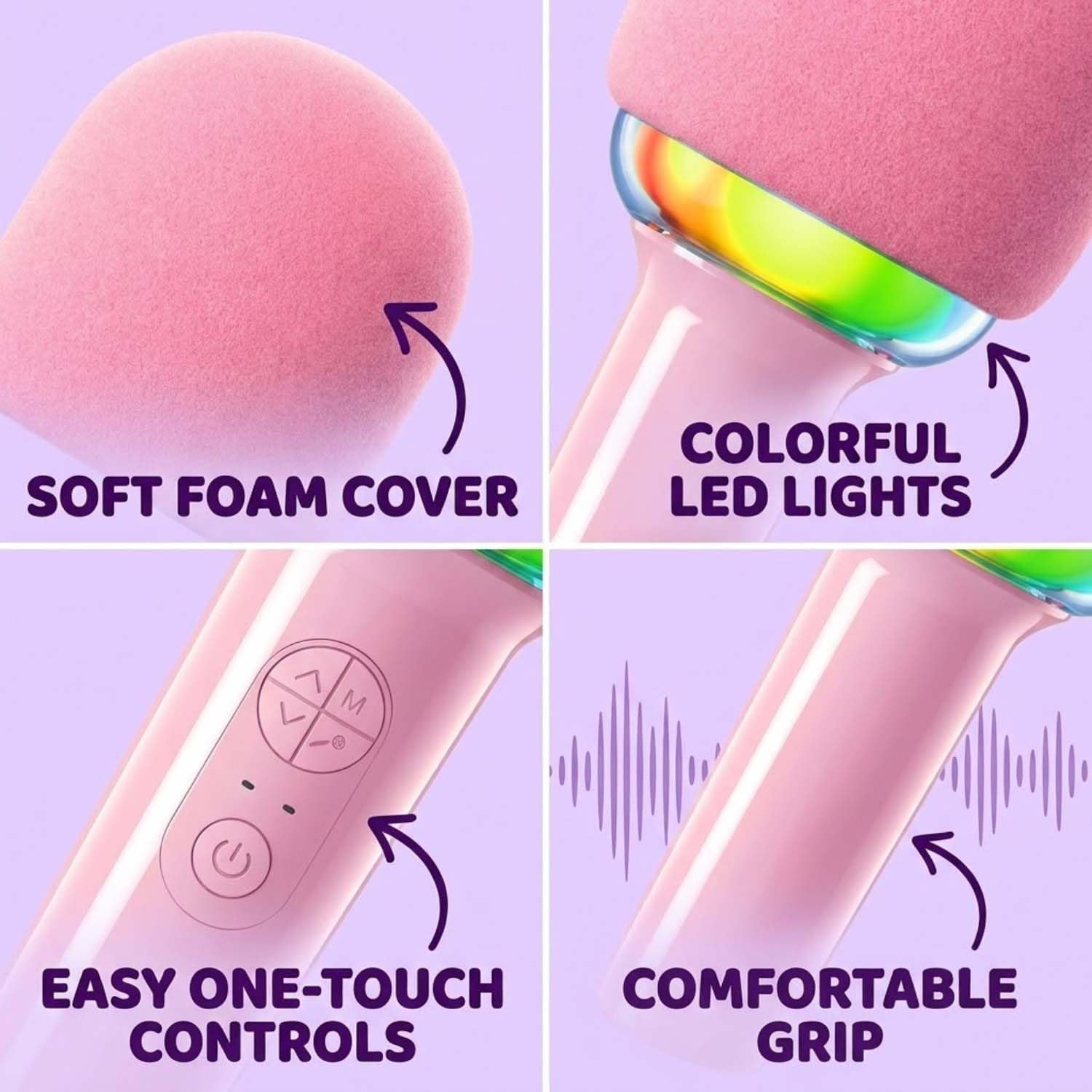 Vier Bilder zeigen die Merkmale eines rosa Geräts: weicher Schaumstoff, LEDs, Knöpfe und Handgriff.