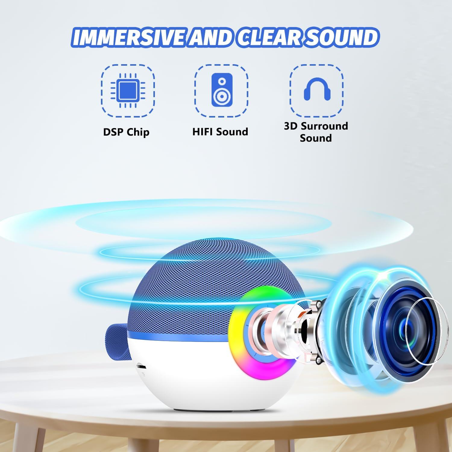 Runder blau-weißer Lautsprecher mit Schallwellen, DSP-Chip, HIFI-Sound und 3D-Surround-Sound.