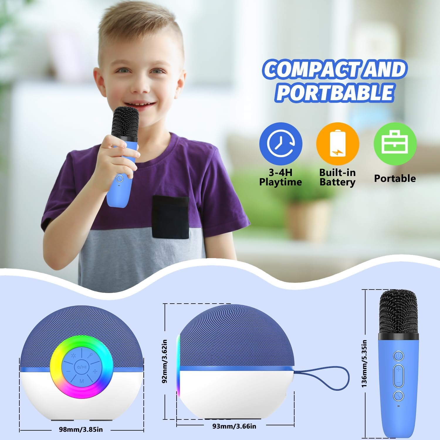 Ein Junge singt in ein blaues Mikrofon, mit Produktdetails und Maßen unten.