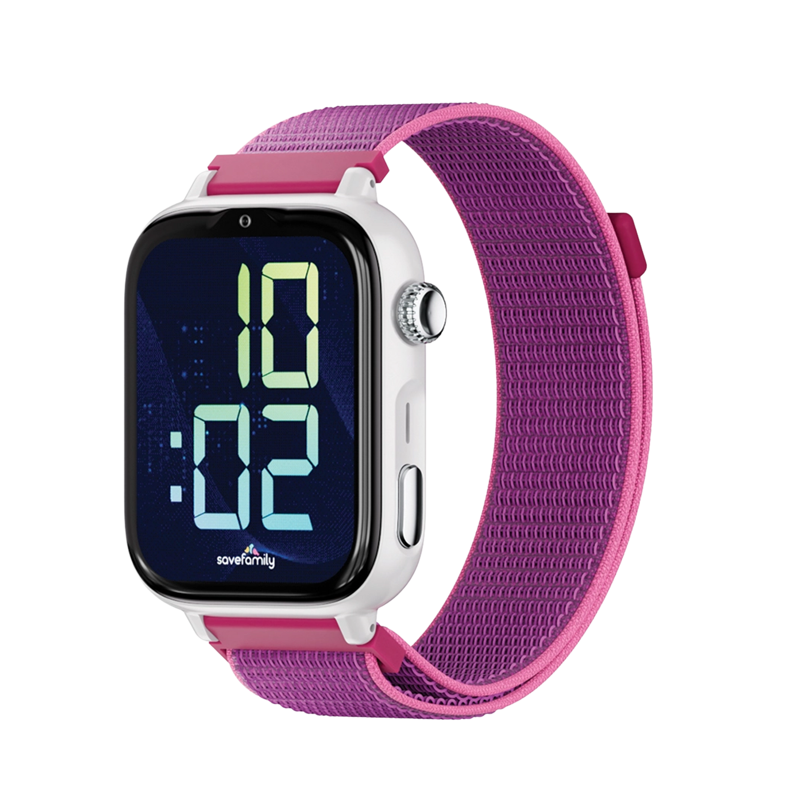 Eine weiße Smartwatch mit pinkem Nylonarmband und digitaler Zeitanzeige auf schwarzem Hintergrund.