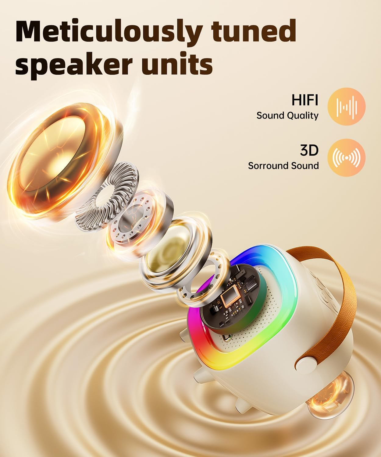 Explosionszeichnung eines Lautsprechers mit Lautsprechereinheiten, HiFi-Sound und RGB-Beleuchtung.