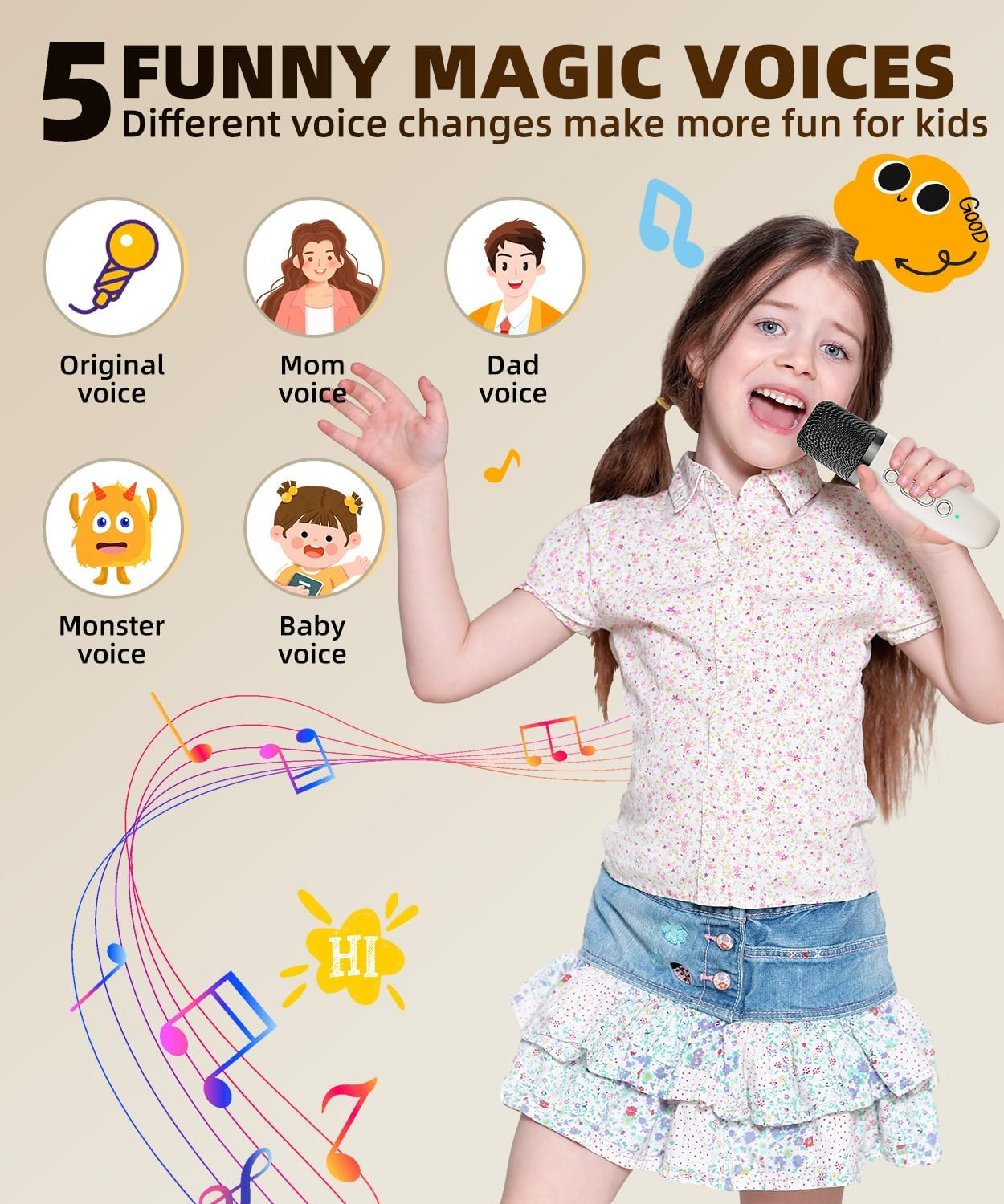 Ein Mädchen singt in ein Mikrofon, umgeben von Icons für fünf lustige Stimmen.