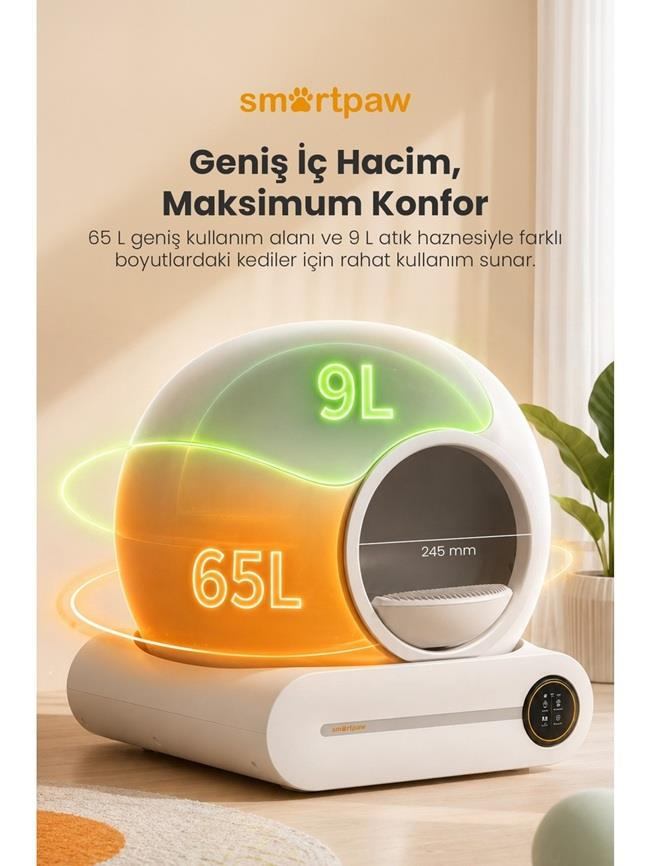 65L kapasiteli ve 9L atık hazneli modern beyaz akıllı kedi tuvaleti, bej arka plan üzerinde yazılarla birlikte.