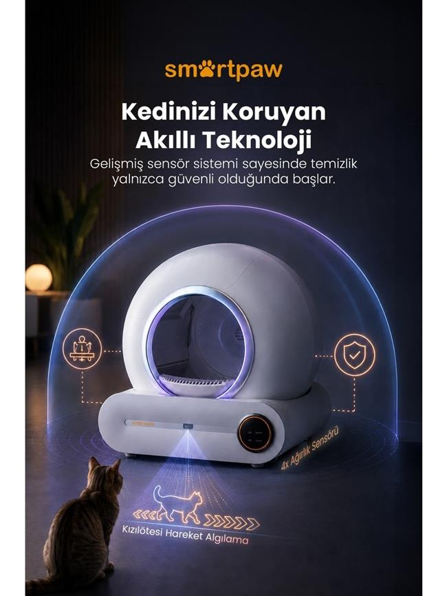 Sensörlü beyaz otomatik kedi tuvaleti ve önünde mavi kalkanla korunan bir kedi.