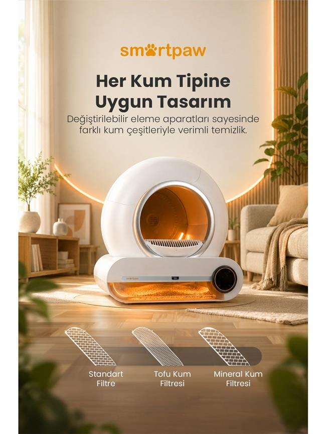 Modern bir oturma odasında, üzerinde metin ve altta üç farklı filtre bulunan beyaz otomatik kedi tuvaleti.