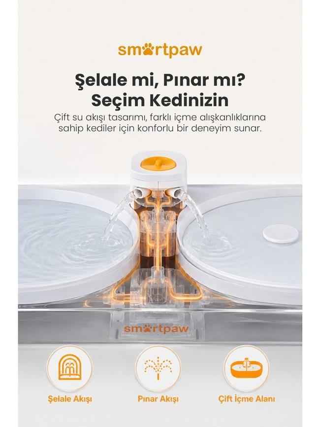 Açık arka planda çift su akışı, pompa ve ışıklı kanallara sahip Smartpaw evcil hayvan su pınarı.