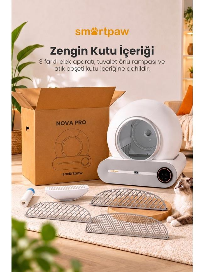 Smartpaw Nova Pro akıllı kedi tuvaleti kutusu ve aksesuarlarıyla.