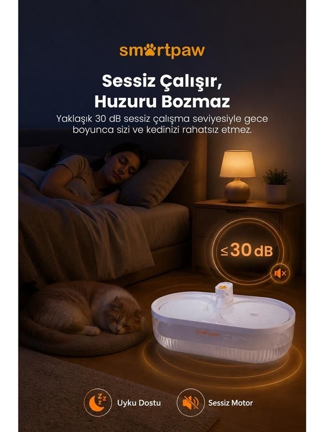 Yatakta uyuyan bir kadın, uyuyan bir kedinin yanında sessiz bir su pınarı var.