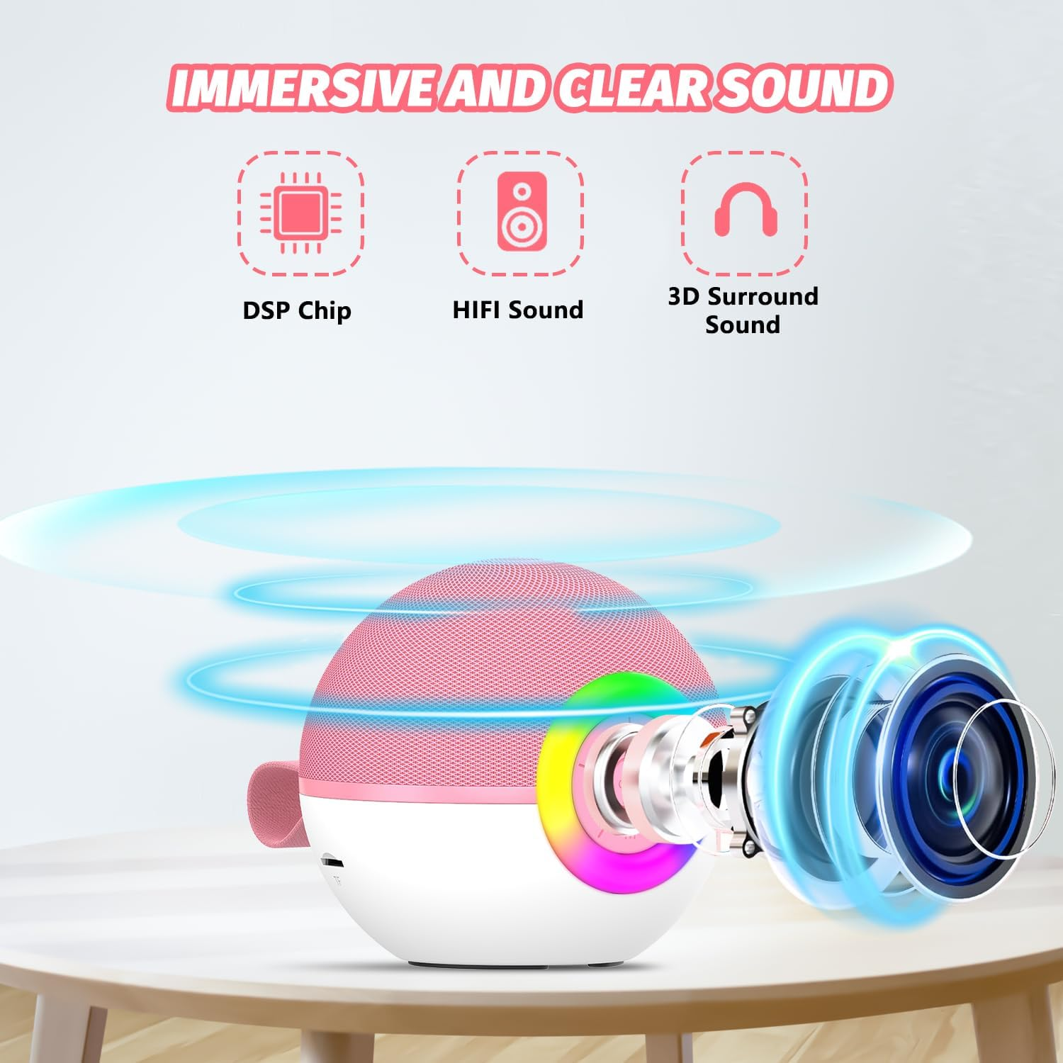 Rosa-weißer runder Bluetooth-Lautsprecher mit sichtbarem Lautsprecher-Innenleben und blauen Klangwellen.