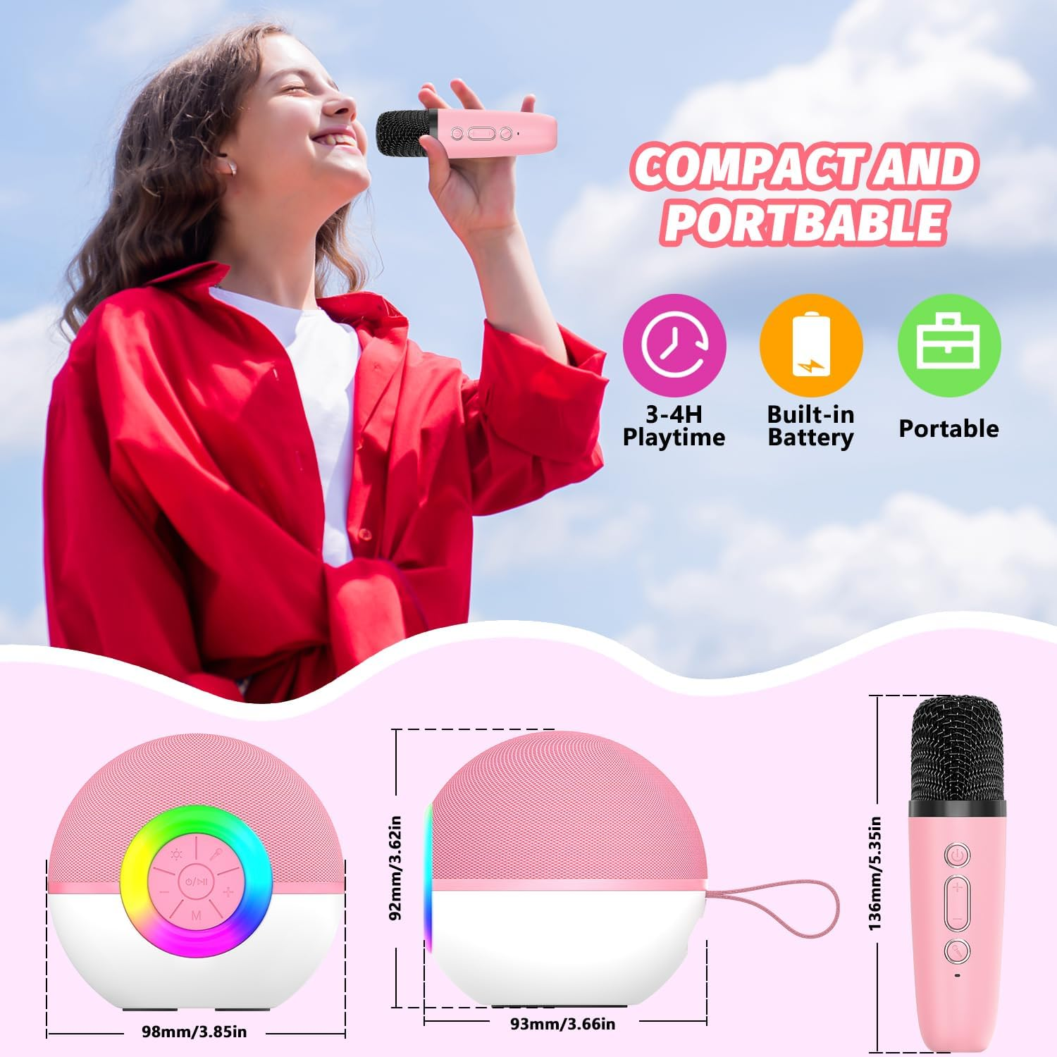 Mädchen singt in ein Mikrofon, mit Produktfeatures und Abmessungen unten.