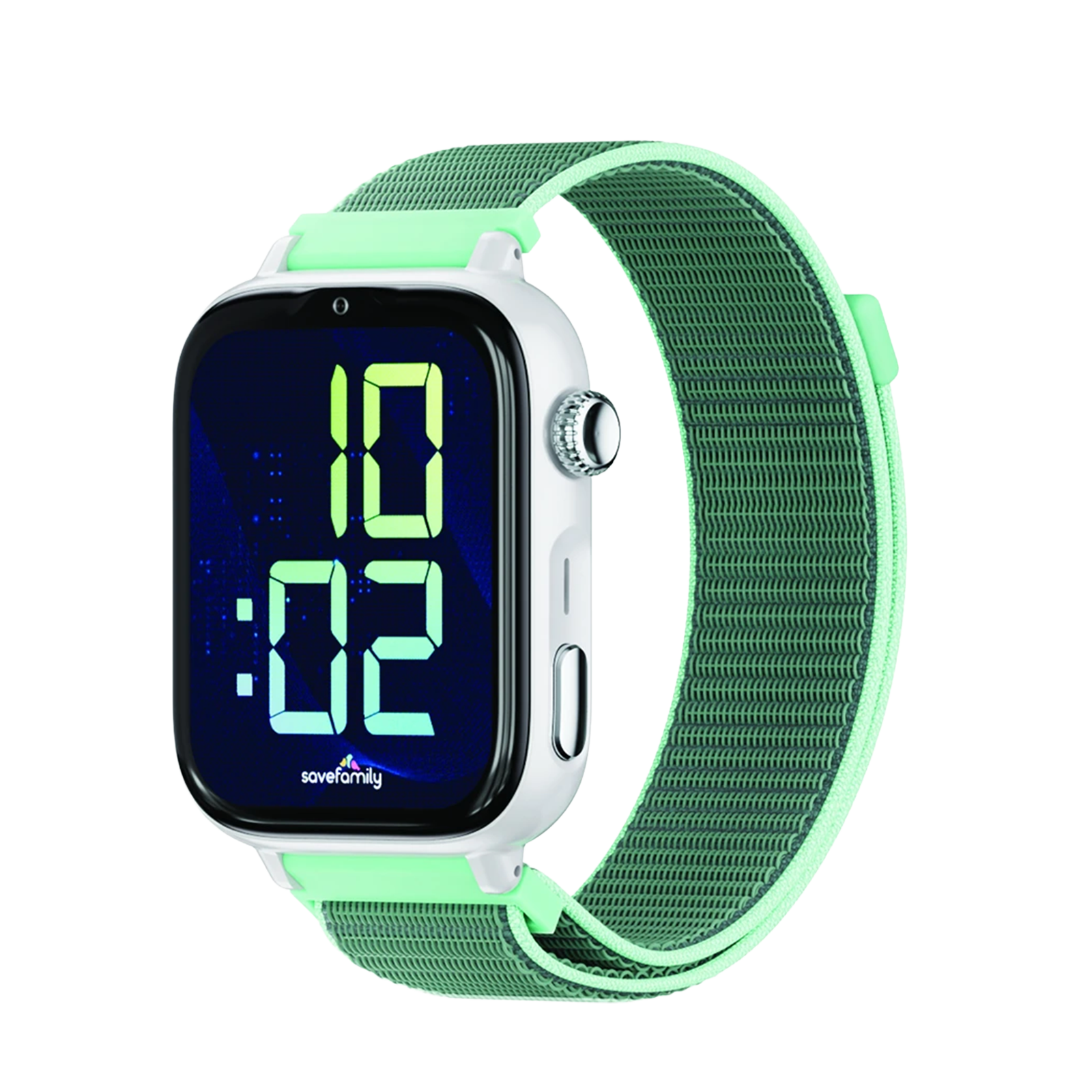 Eine weiße Smartwatch mit leuchtend grünem Textilarmband zeigt das digitale Display an.