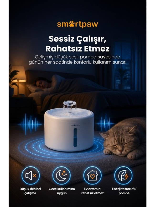 Halı üzerinde beyaz evcil hayvan çeşmesi ve yanında uyuyan kedi.