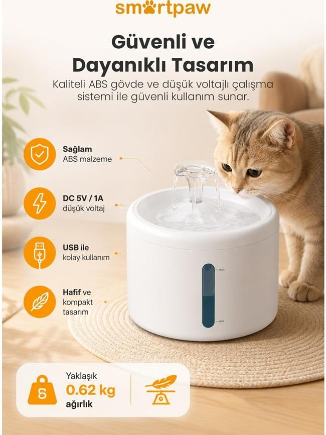 Ürün özellikleri ile beyaz evcil hayvan su çeşmesinden su içen bir kedi.