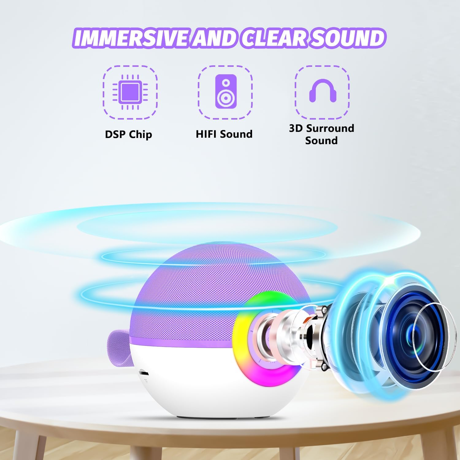 Lila-weißer Bluetooth-Lautsprecher auf Holztisch mit Icons für DSP, HIFI und 3D Sound.