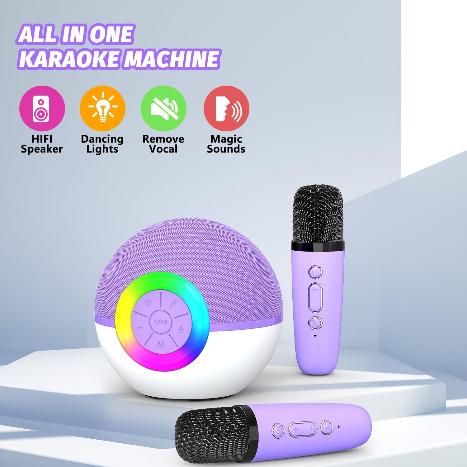 Eine lila-weiße Karaoke-Maschine mit leuchtendem Ringlicht und zwei passenden Mikrofonen.