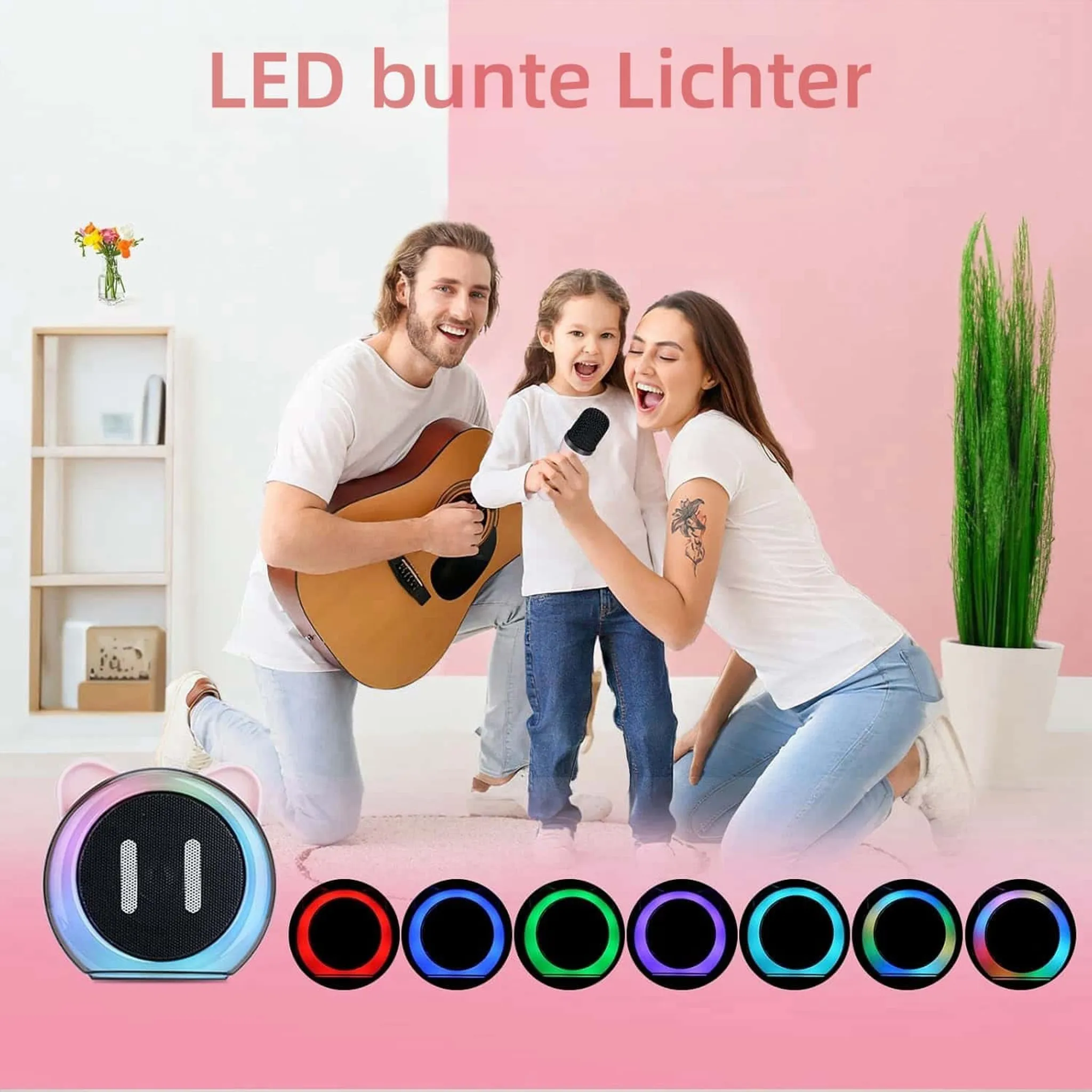 Eine dreiköpfige Familie singt und spielt Gitarre mit einem bunten LED-Lautsprecher im Vordergrund.