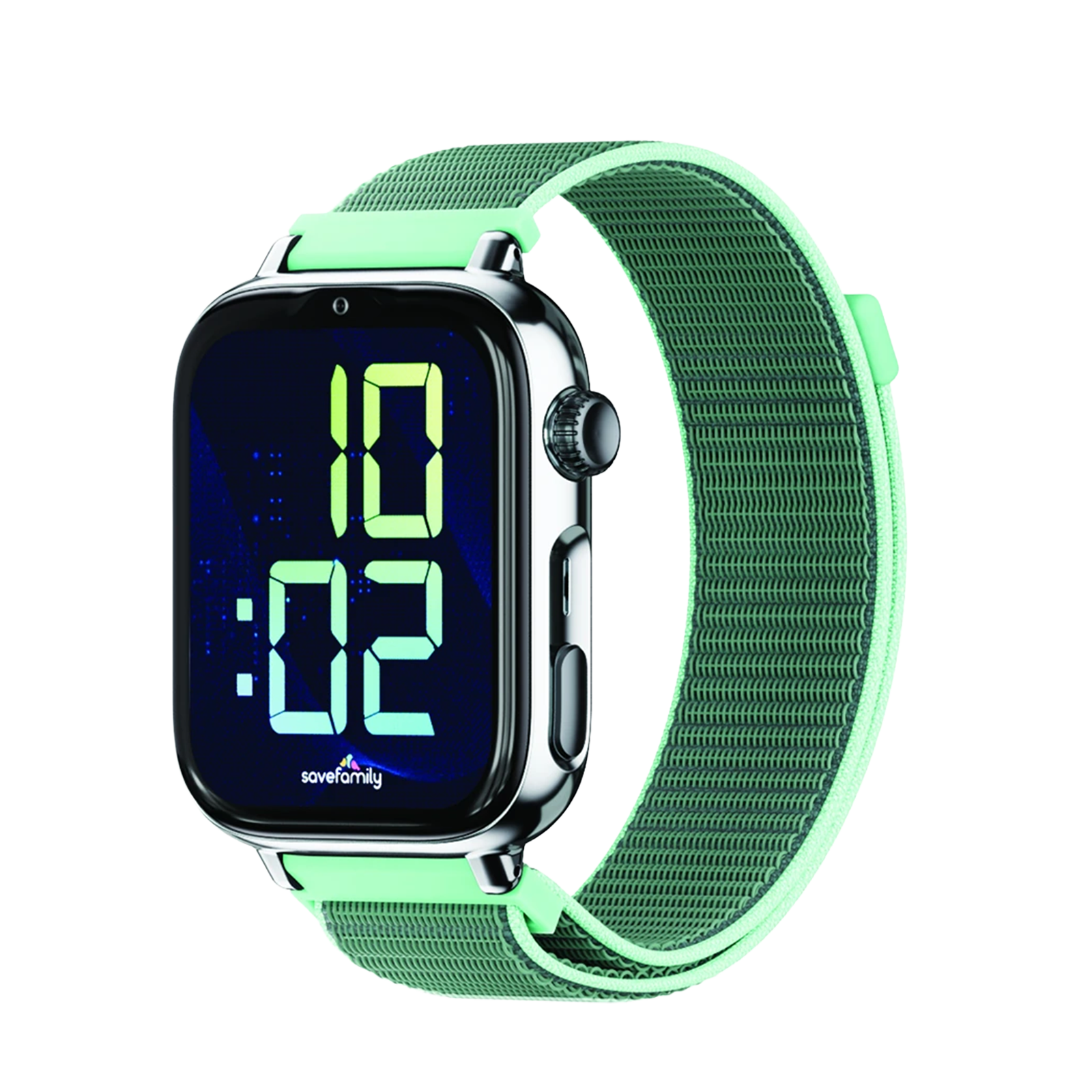 Eine silberne Smartwatch mit grünem Textilarmband zeigt das digitale Display 10:02 vor schwarzem Hintergrund.