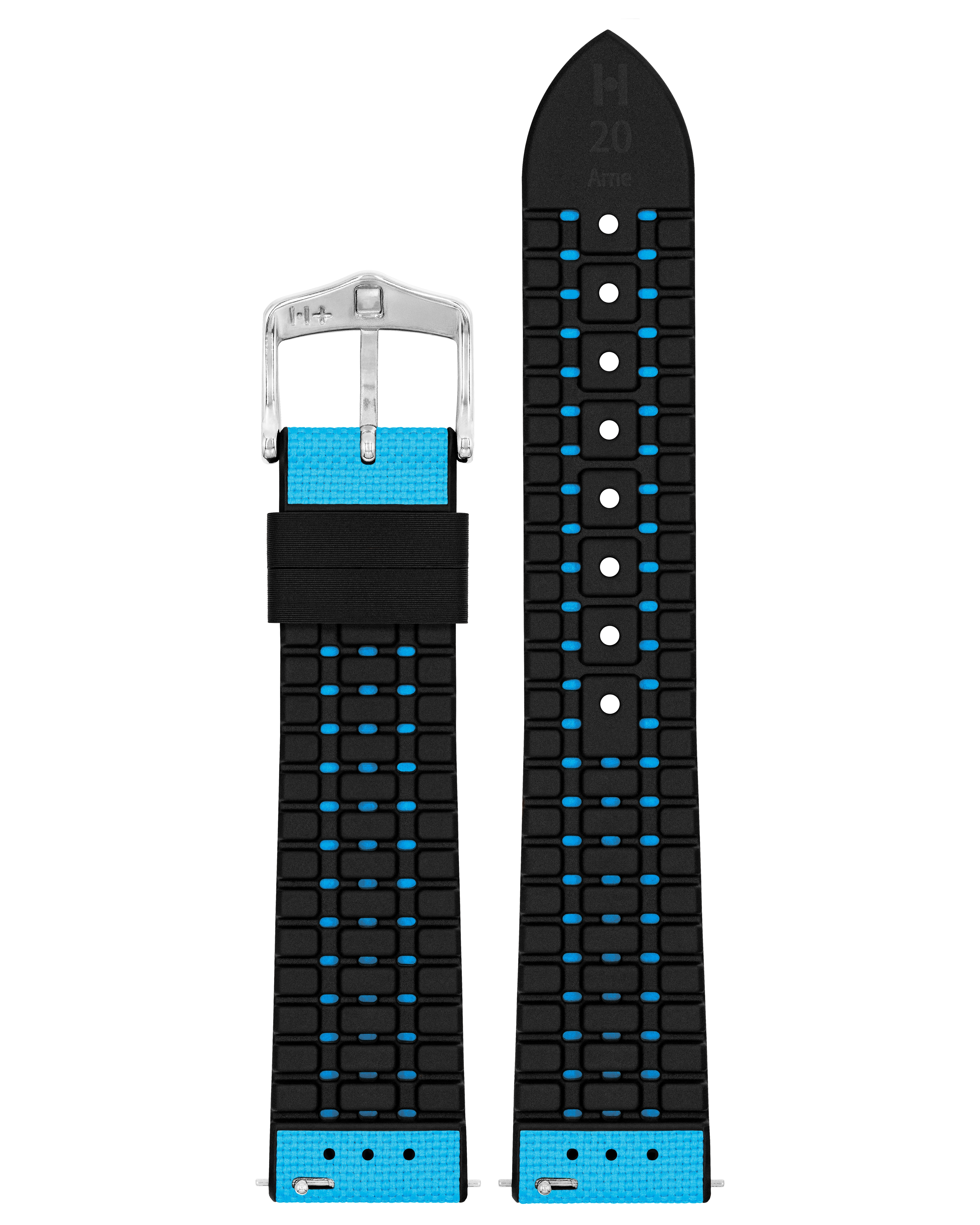 Ein schwarzes und blaues Uhrenarmband mit silberner Schließe vor weißem Hintergrund.