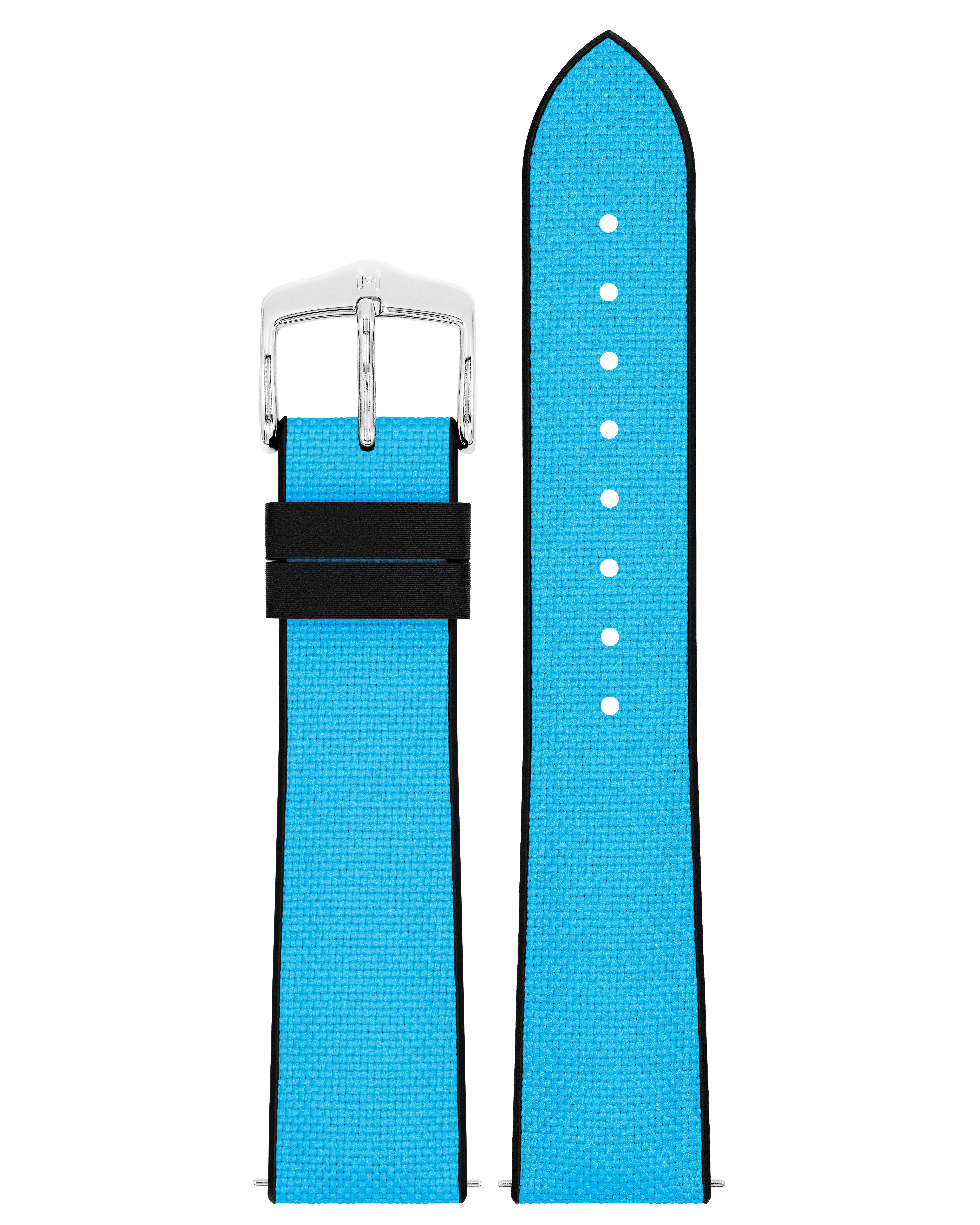 Ein leuchtend blaues Uhrenarmband aus Stoff mit einer silbernen Schnalle und zwei schwarzen Schlaufen auf weißem Hintergrund.