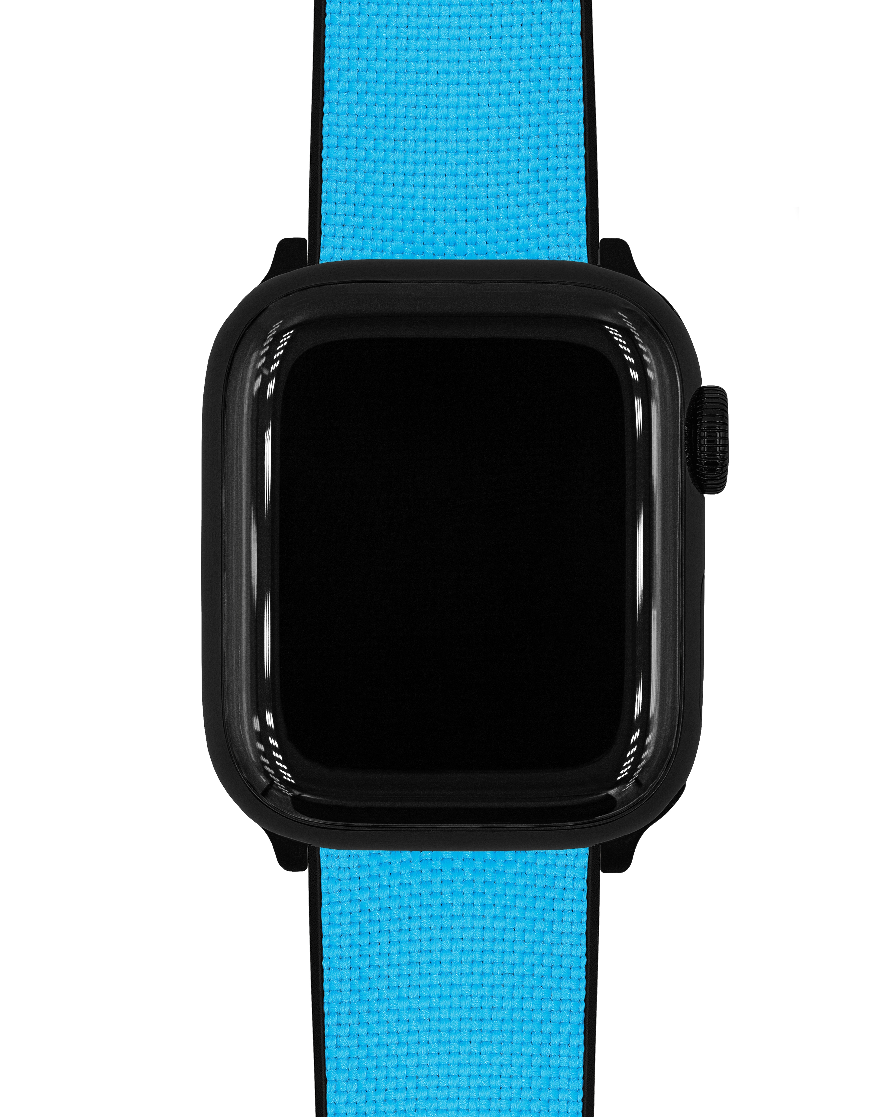 Eine schwarze Smartwatch mit einem hellblauen Textilarmband auf weißem Hintergrund.