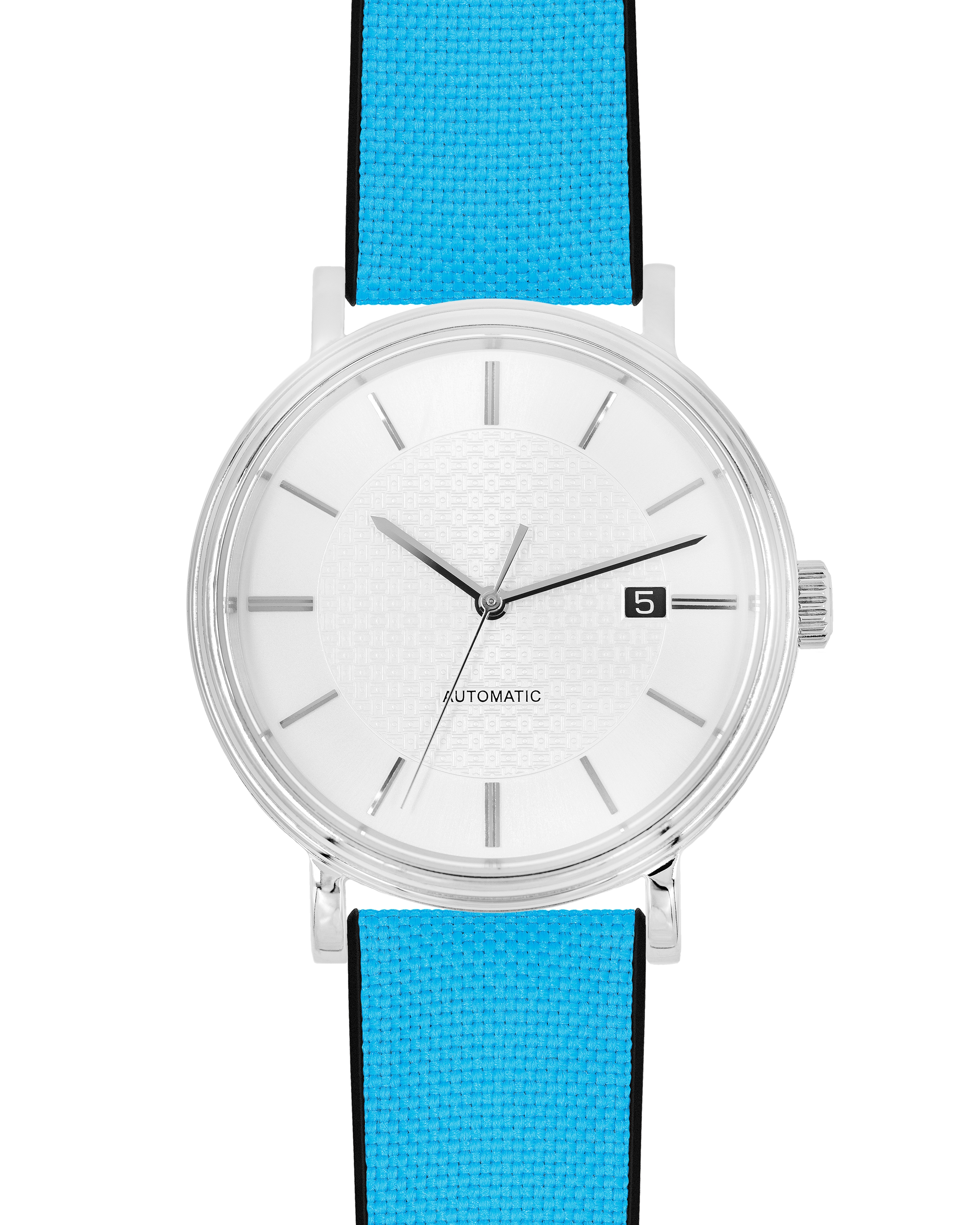 Silberne Automatikuhr mit weißem Zifferblatt und blauem Stoffarmband.