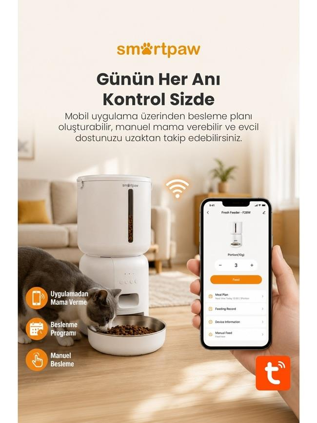 Bir kedi otomatik besleyiciden yerken, bir el kontrol uygulamasını gösteren telefon tutuyor.