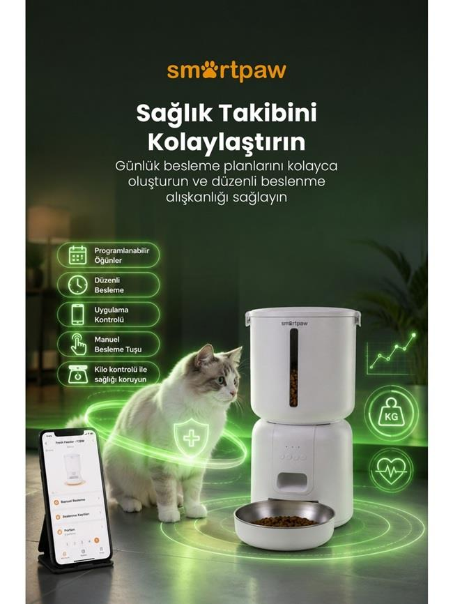 Akıllı besleyici yanında duran bir kedi, uygulama kontrolü ve sağlık simgeleriyle çevrili.