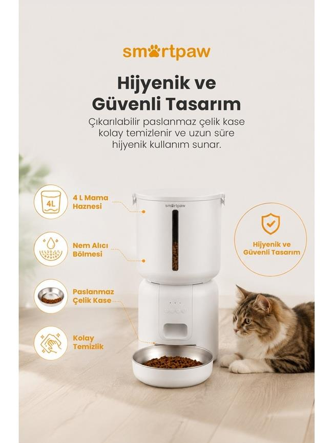 Paslanmaz çelik kaseli beyaz otomatik mama kabı, özellikler yazısı ve yanında oturan sevimli bir ked.