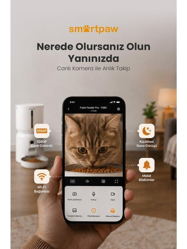 Kedi uygulaması gösteren akıllı telefonu tutan el, arka planda mama kabı ve oturma odası.