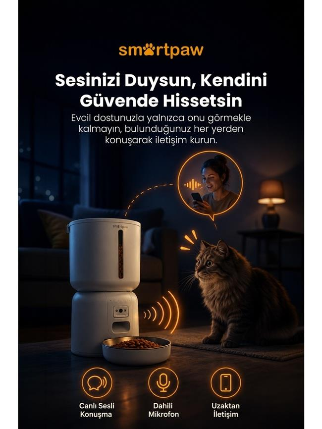Sesli özellikli Smartpaw evcil hayvan besleyici, bir kedive telefonla iletişim kuran bir kadın.