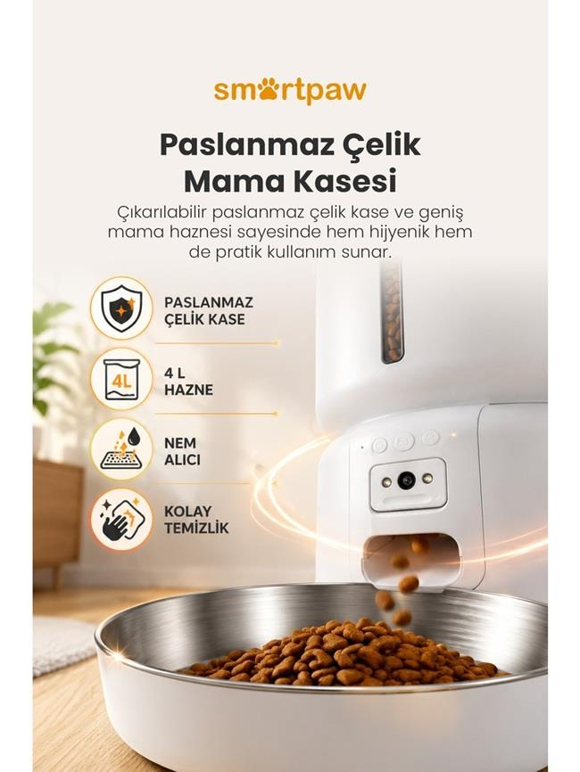 Paslanmaz çelik kaseli ve metin içeren beyaz otomatik evcil hayvan mama kabı.