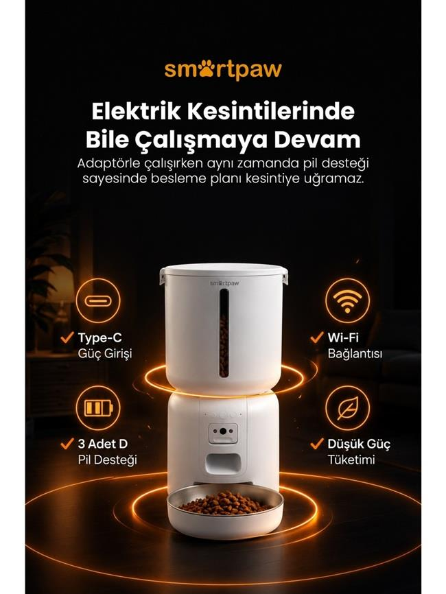 Karanlık bir odada pil yedeklemeli ve Wi-Fi özellikli beyaz akıllı evcil hayvan besleyici.