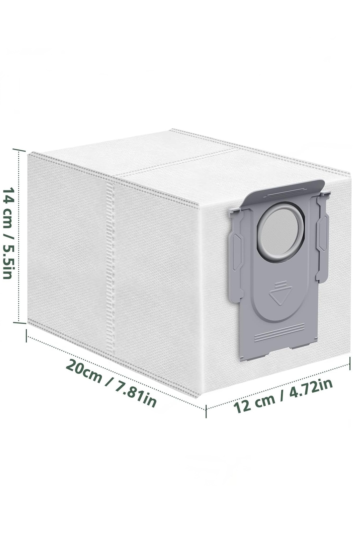 Beyaz arka planda 14cm yükseklik, 20cm uzunluk ve 12cm genislik ölçülerine sahip beyaz elektrik süpürgesi toz torbasi.