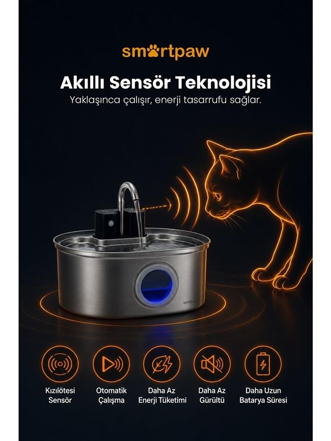 Kızılötesi sensörlü ve parlayan kedili paslanmaz çelik su pınarı.