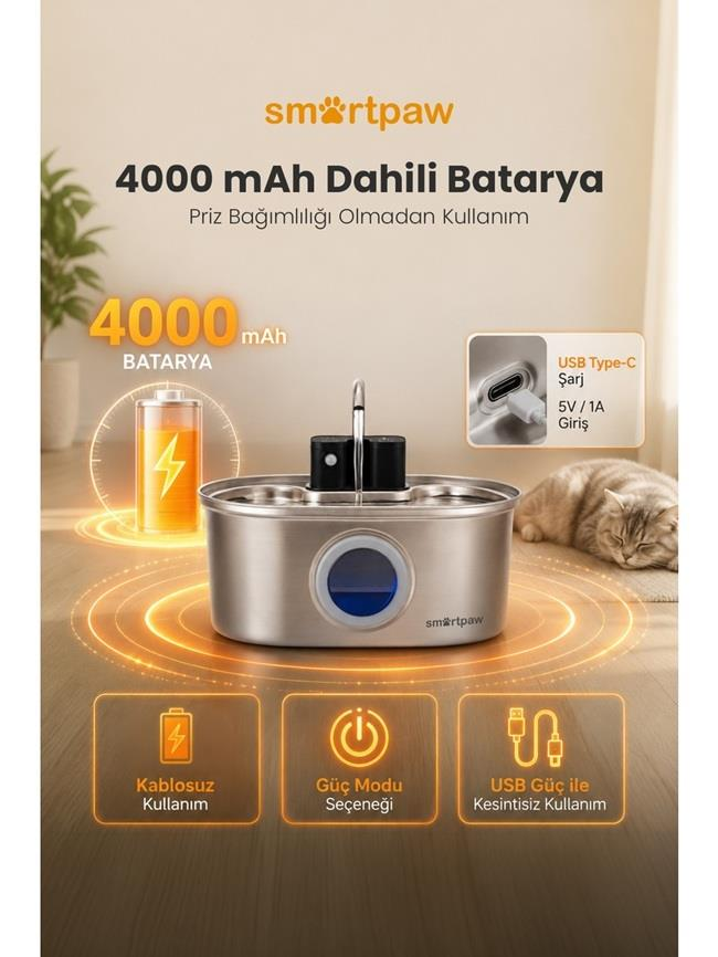 4000 mAh bataryalı, USB-C girişli ve Türkçe yazılı Smartpaw paslanmaz çelik kedi su pınarı.