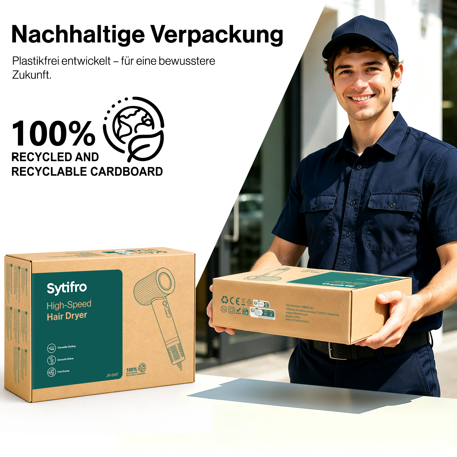 Ein lächelnder Lieferant im blauen Hemd hält einen nachhaltigen Karton mit einem Föhndesign und Texten.
