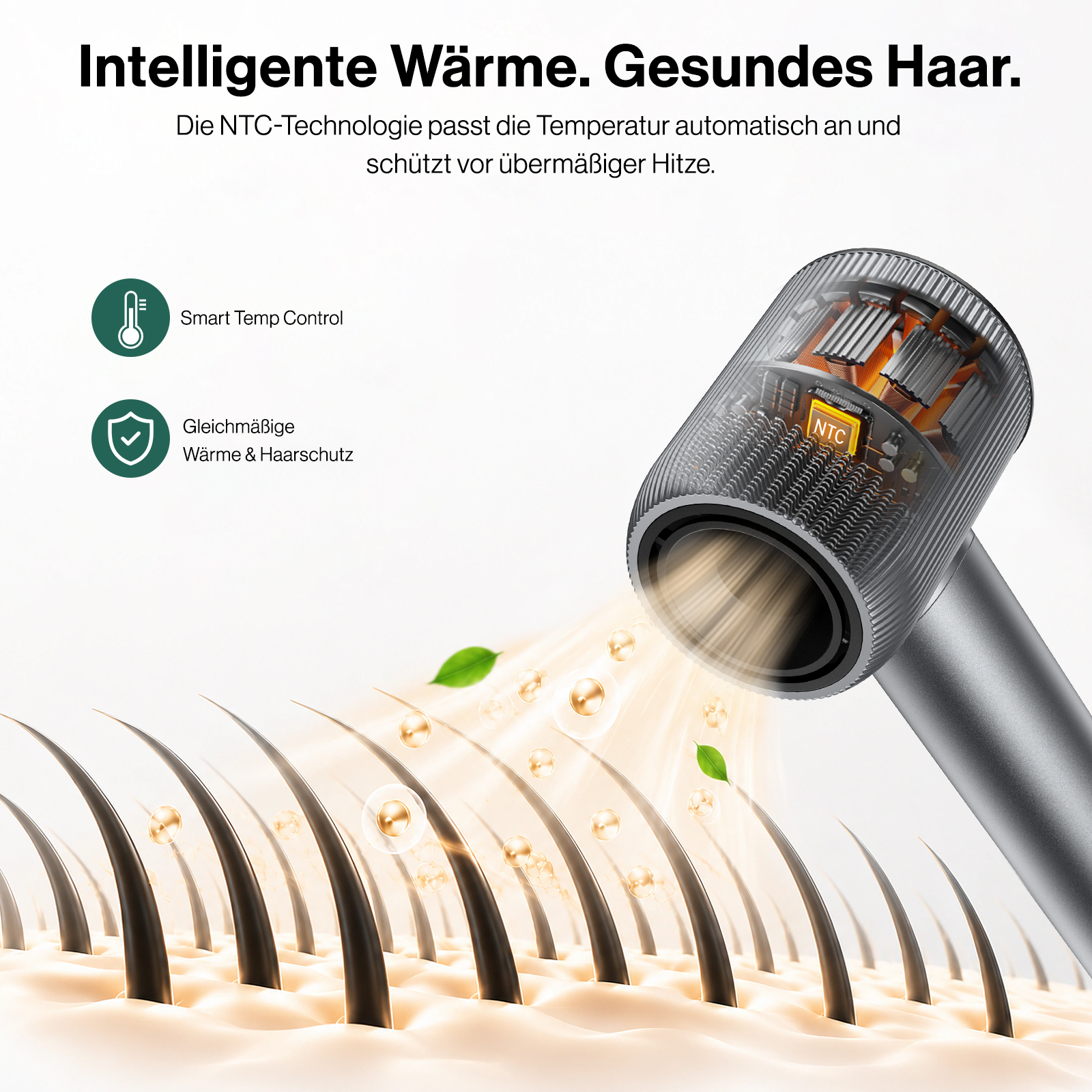 Ein grauer Haartrockner mit transparenter Kappe zeigt NTC-Technologie und bläst warme Luft auf Haare.