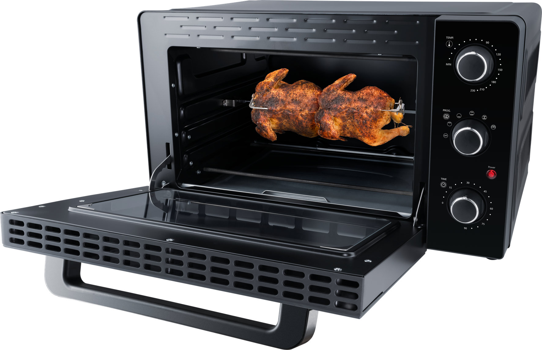 Ein schwarzer Mini-Ofen mit geöffneter Tür und einem Brathähnchen auf dem Spieß innen.