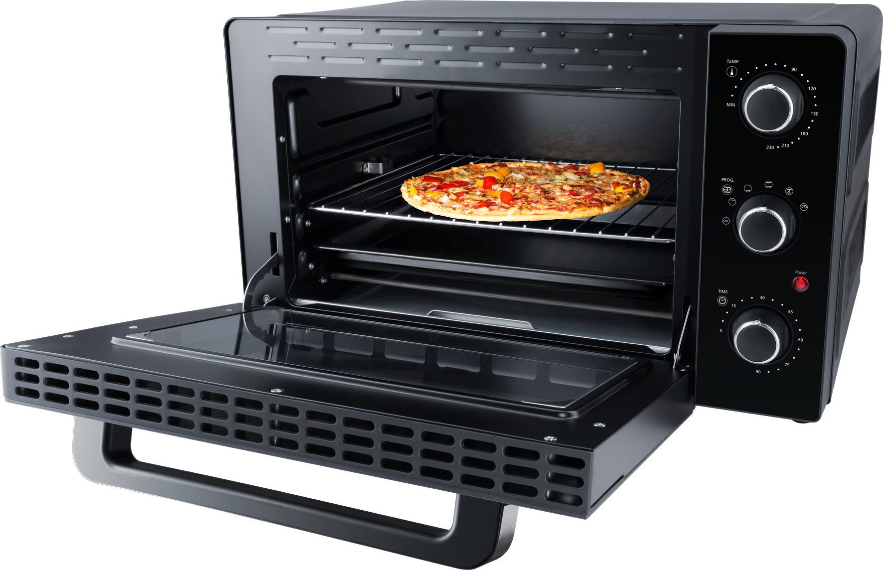 Ein schwarzer Mini-Ofen mit geöffneter Tür und einer Pizza auf dem Rost.