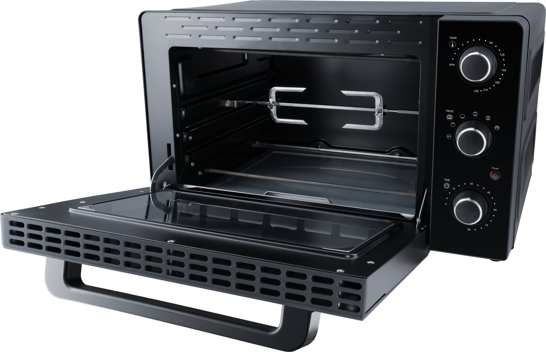 Ein schwarzer Mini-Ofen mit geöffneter Glastür zeigt den Innenraum mit Rotisserie-Spieß und drei Bedienknöpfen.
