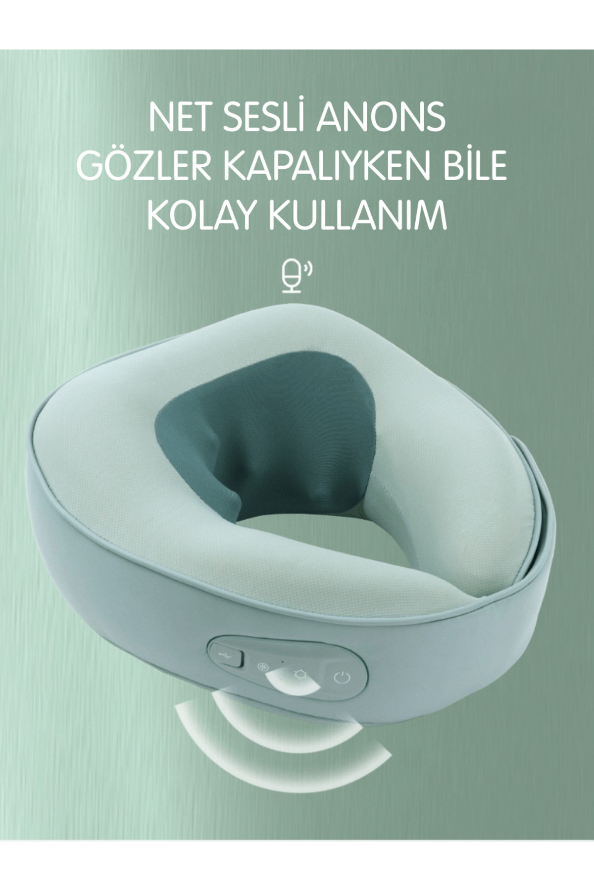 Yeşil tonlarında arkaplan önünde, üzerinde Türkçe yazı ve yanda kontrol paneli bulunan açık yeşil renkli boyun masaj aleti.