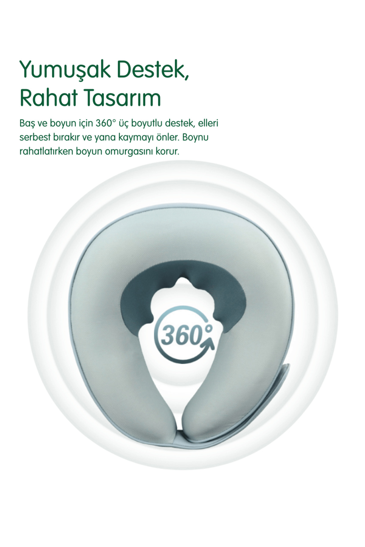 360 derece simgeli gri boyun yastığı, ergonomik destek ve Türkçe metin sunar.