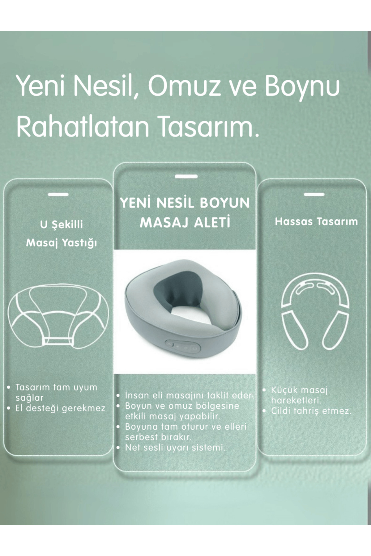 Yeni nesil boyun masaj aleti tanıtan, üç bilgilendirme paneli ve Türkçe açıklamalar içeren görsel.
