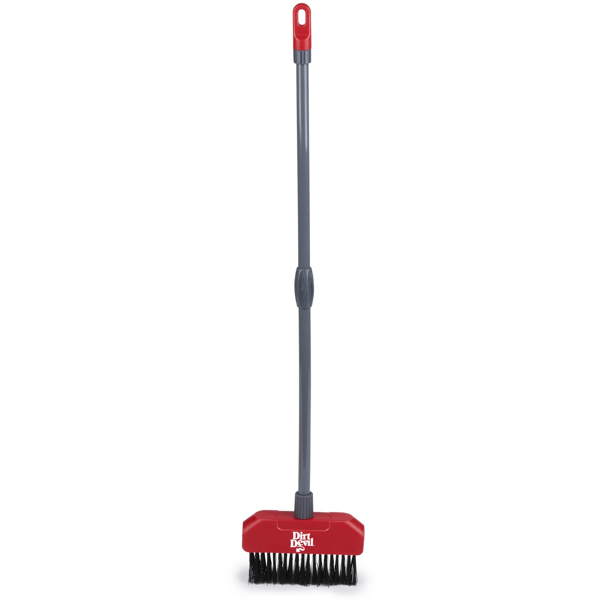 A Dirt Devil broom with a grey telescopic handle and a red head against a white background.