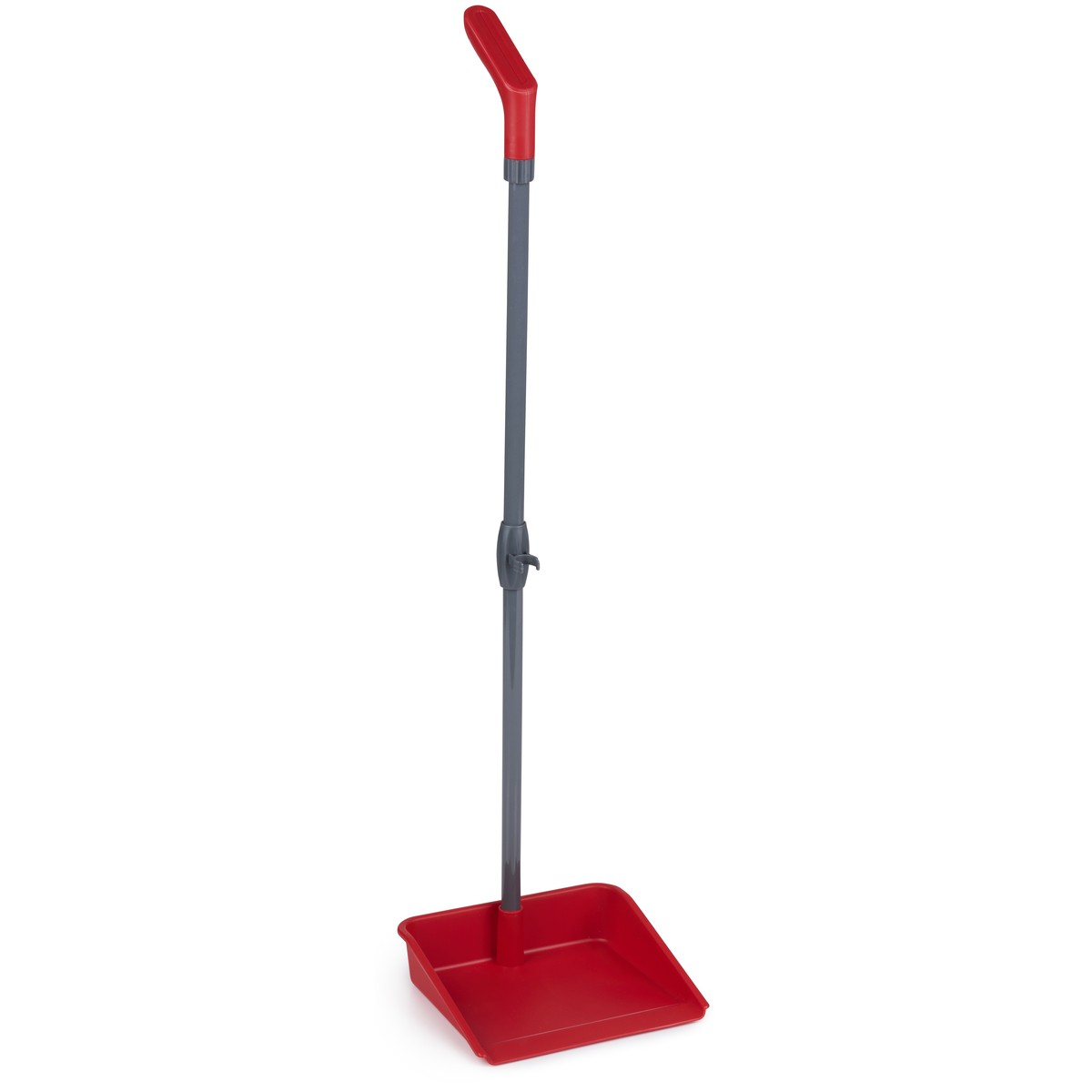 A red dustpan with a long grey handle and red grip against a white background.