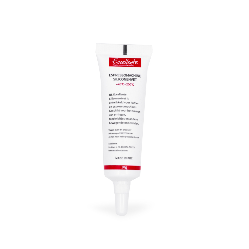 A white tube of Eccellente silicone grease for espresso machines, labeled with usage instructions and a red stripe.