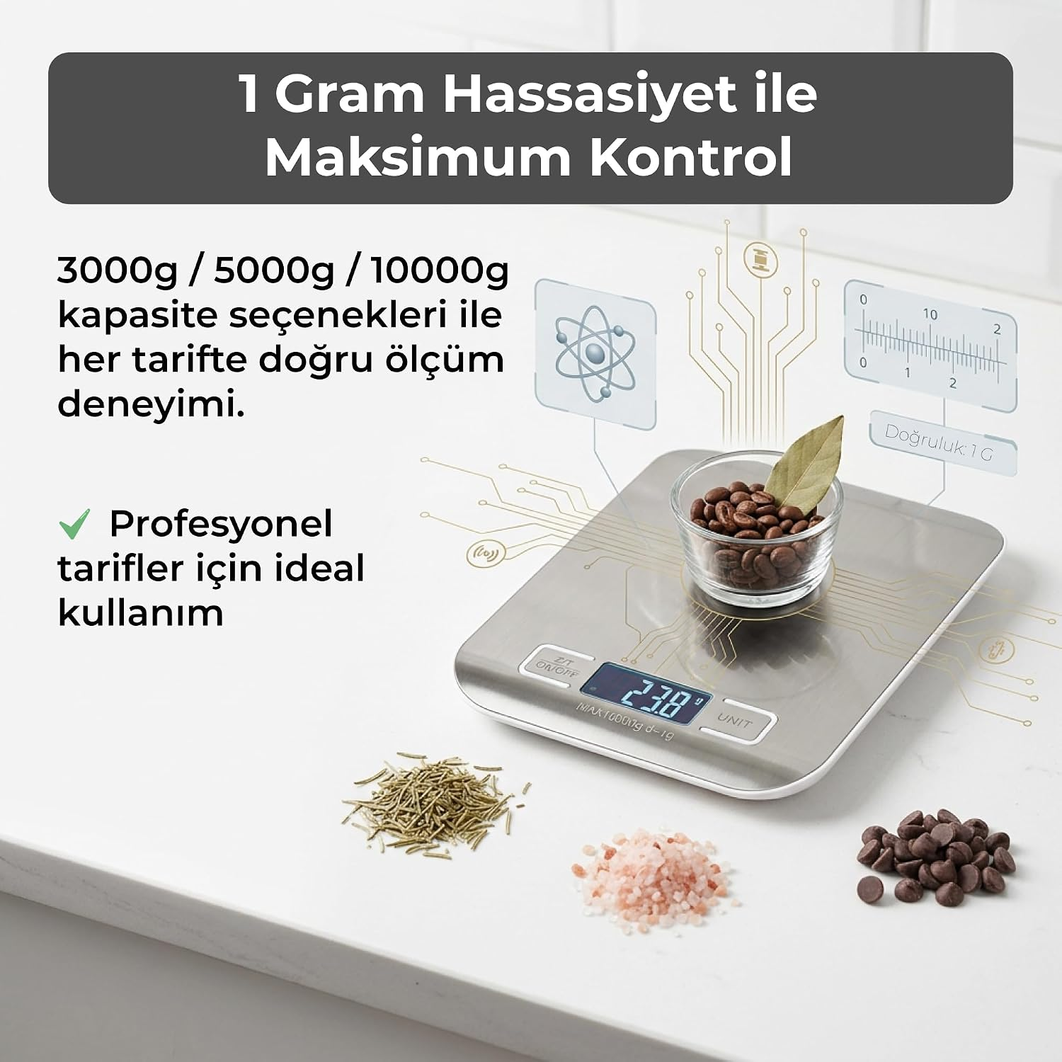 Üzerinde kahve çekirdekleri olan dijital mutfak terazisi ve Türkçe açıklama metinleri.