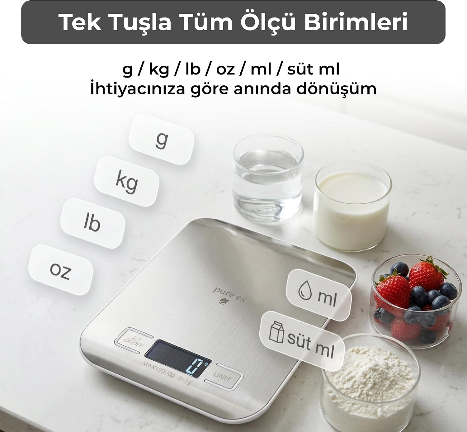 Su, süt, un ve meyvelerle çevrili, birim dönüştürme seçenekleri gösteren gri dijital mutfak terazisi.