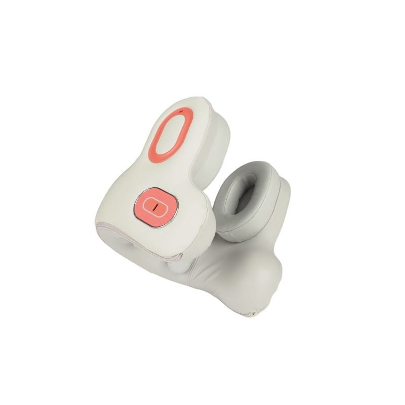 Ergonomik kıvrımlara ve kontrol düğmesine sahip açık gri ve mercan renkli masaj yastığı, sade beyaz arka planda.